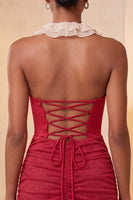 Laden Sie das Bild in den Galerie-Viewer, Halterhals Rotes Bodycon Gerafftes Rüschendes Glitzer Kurzes Abendkleid mit Schnürung
