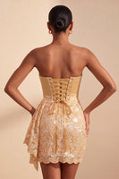 Laden Sie das Bild in den Galerie-Viewer, Hellgelbe Bodycon Sweetheart mit gerafften Pailletten Schnürung Back-Homecoming-Kleid mit Schärpe