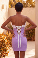 Laden Sie das Bild in den Galerie-Viewer, Helllila Bodycon Neckholder Rüschen Perlen Kurzes Abendkleid mit Schnürung