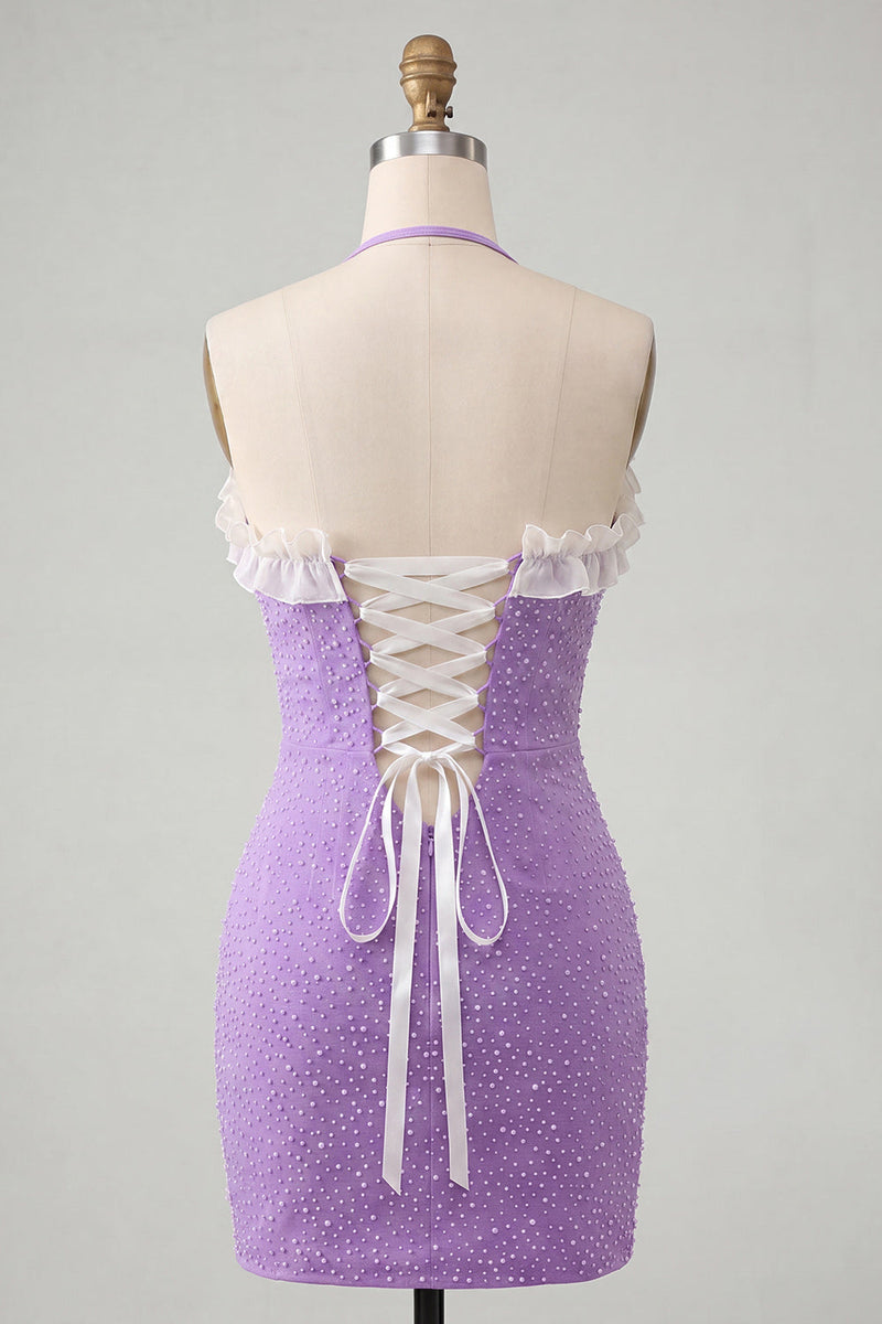 Laden Sie das Bild in den Galerie-Viewer, Helllila Bodycon Neckholder Rüschen Perlen Kurzes Abendkleid mit Schnürung