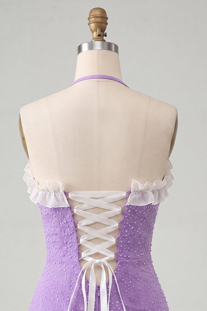 Laden Sie das Bild in den Galerie-Viewer, Helllila Bodycon Neckholder Rüschen Perlen Kurzes Abendkleid mit Schnürung