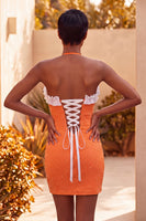 Laden Sie das Bild in den Galerie-Viewer, Helllila Bodycon Neckholder Rüschen Perlen Kurzes Abendkleid mit Schnürung