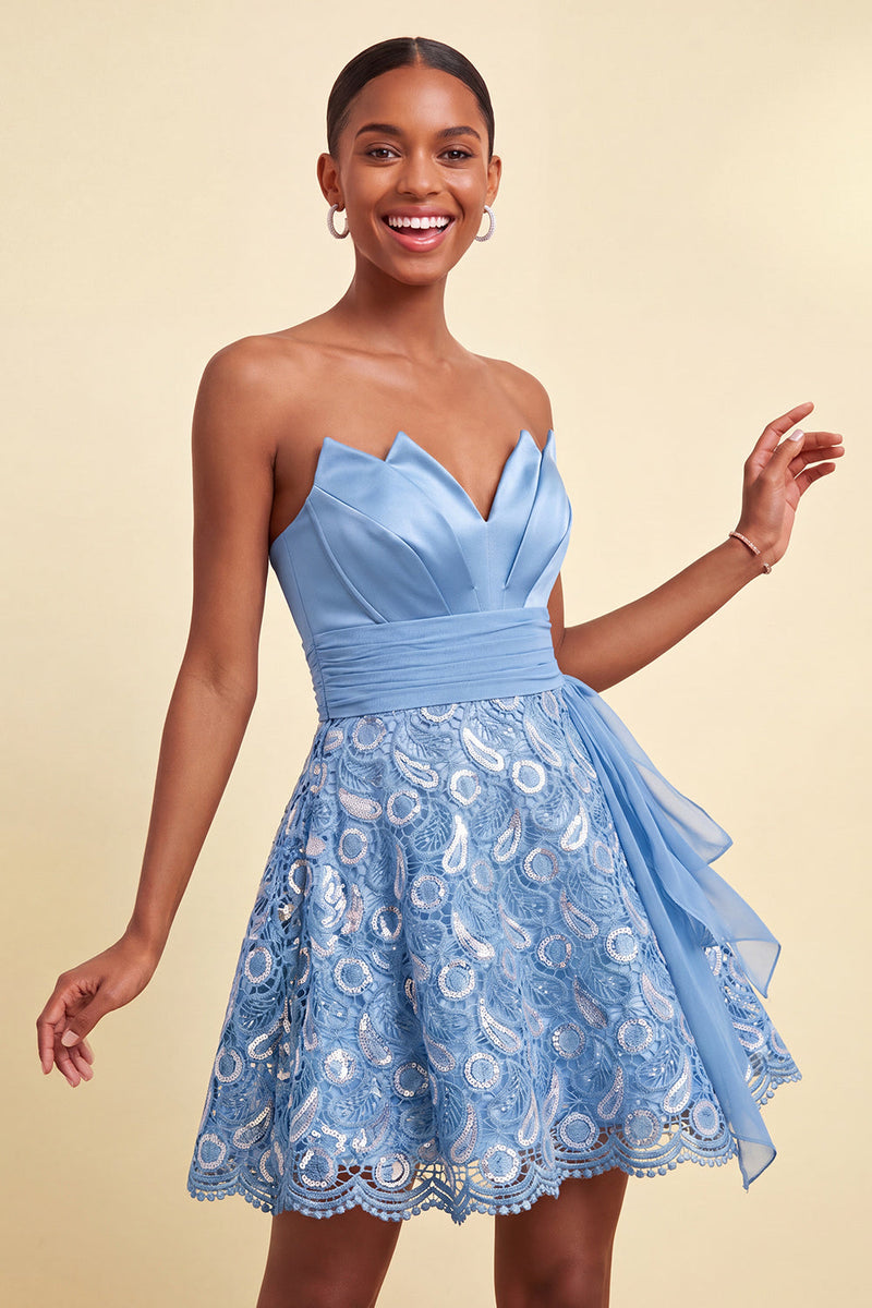 Laden Sie das Bild in den Galerie-Viewer, Himmelblaue A-Linie Sweetheart Pailletten Schnürung Back-Homecoming-Kleid mit Schärpe