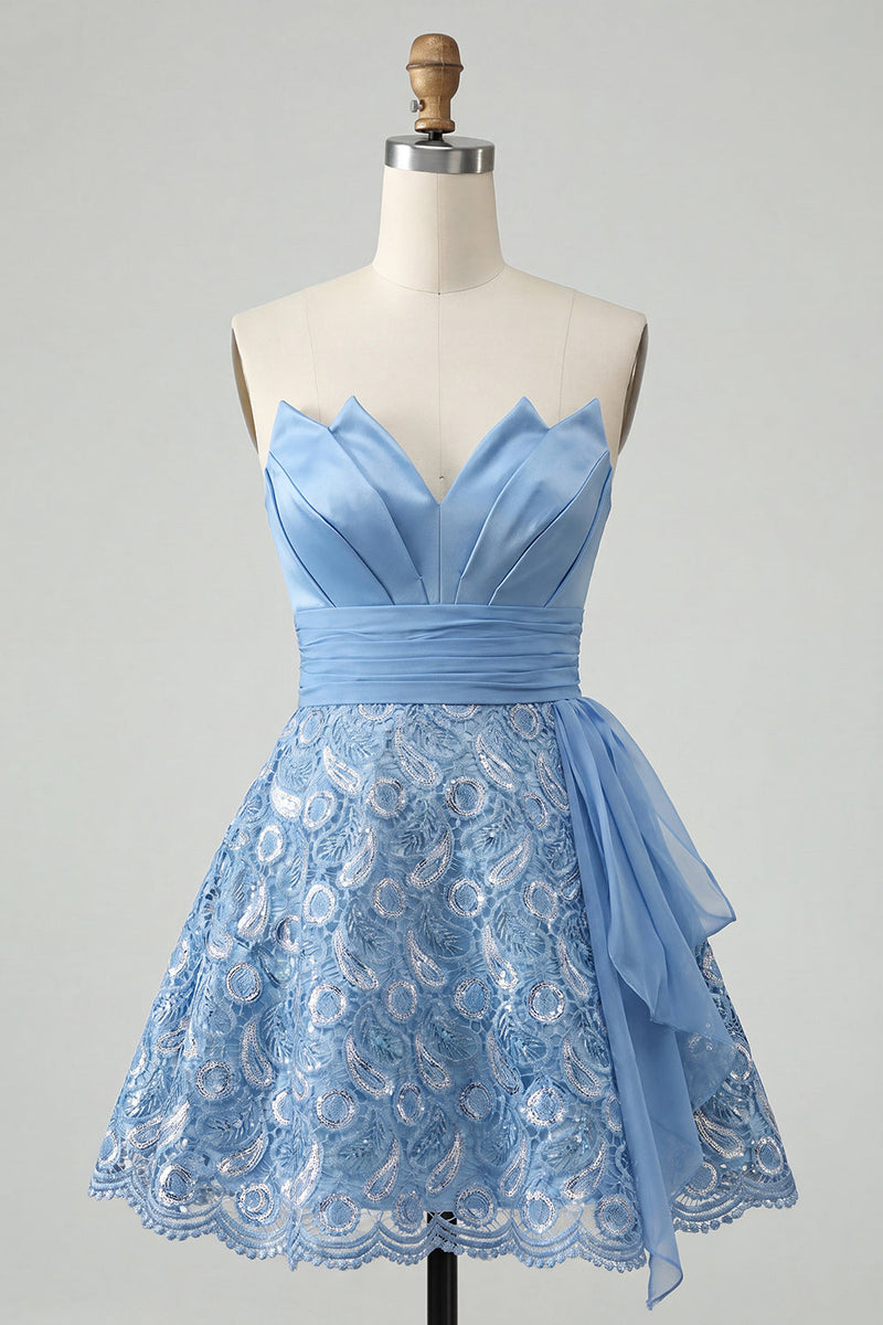 Laden Sie das Bild in den Galerie-Viewer, Himmelblaue A-Linie Sweetheart Pailletten Schnürung Back-Homecoming-Kleid mit Schärpe