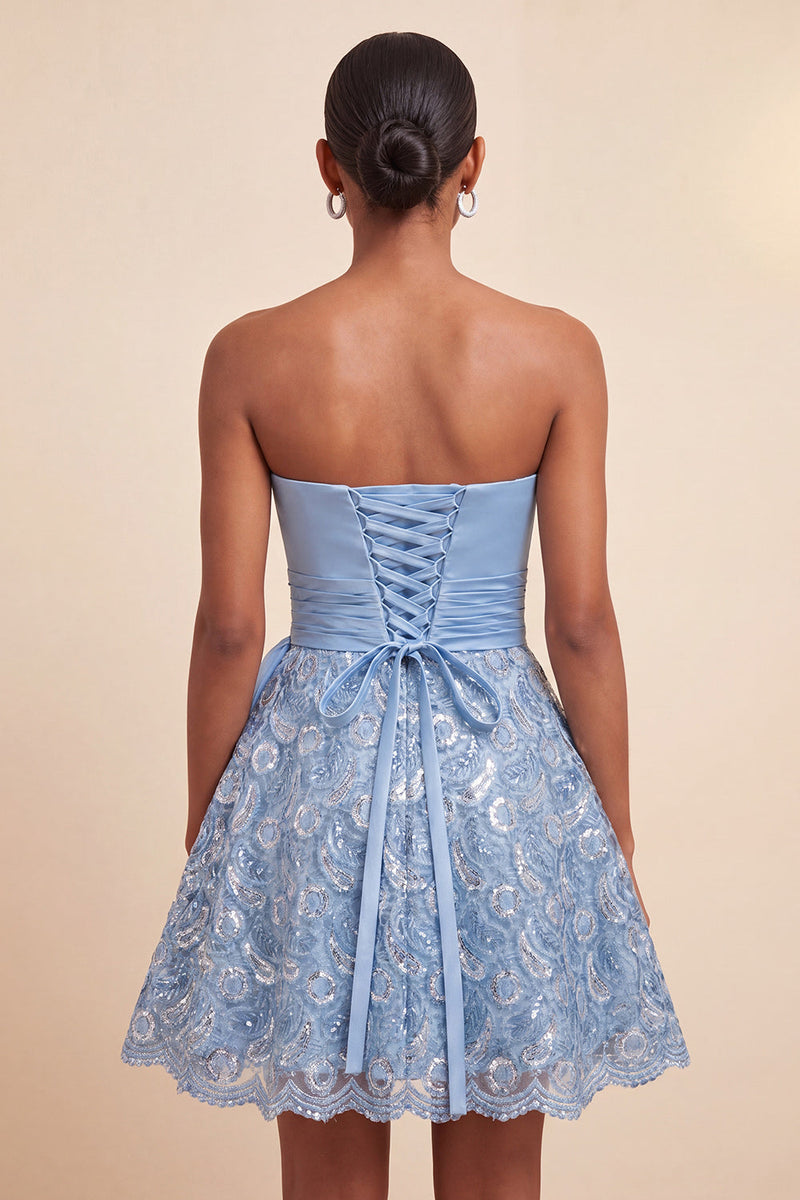 Laden Sie das Bild in den Galerie-Viewer, Himmelblaue A-Linie Sweetheart Pailletten Schnürung Back-Homecoming-Kleid mit Schärpe