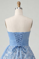 Laden Sie das Bild in den Galerie-Viewer, Himmelblaue A-Linie Sweetheart Pailletten Schnürung Back-Homecoming-Kleid mit Schärpe