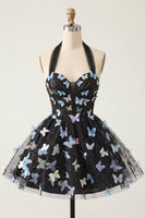 Laden Sie das Bild in den Galerie-Viewer, A-Linie schwarzes Neckholder-Korsett mit Spitze hinten kurzes Homecoming-Kleid mit Schmetterling