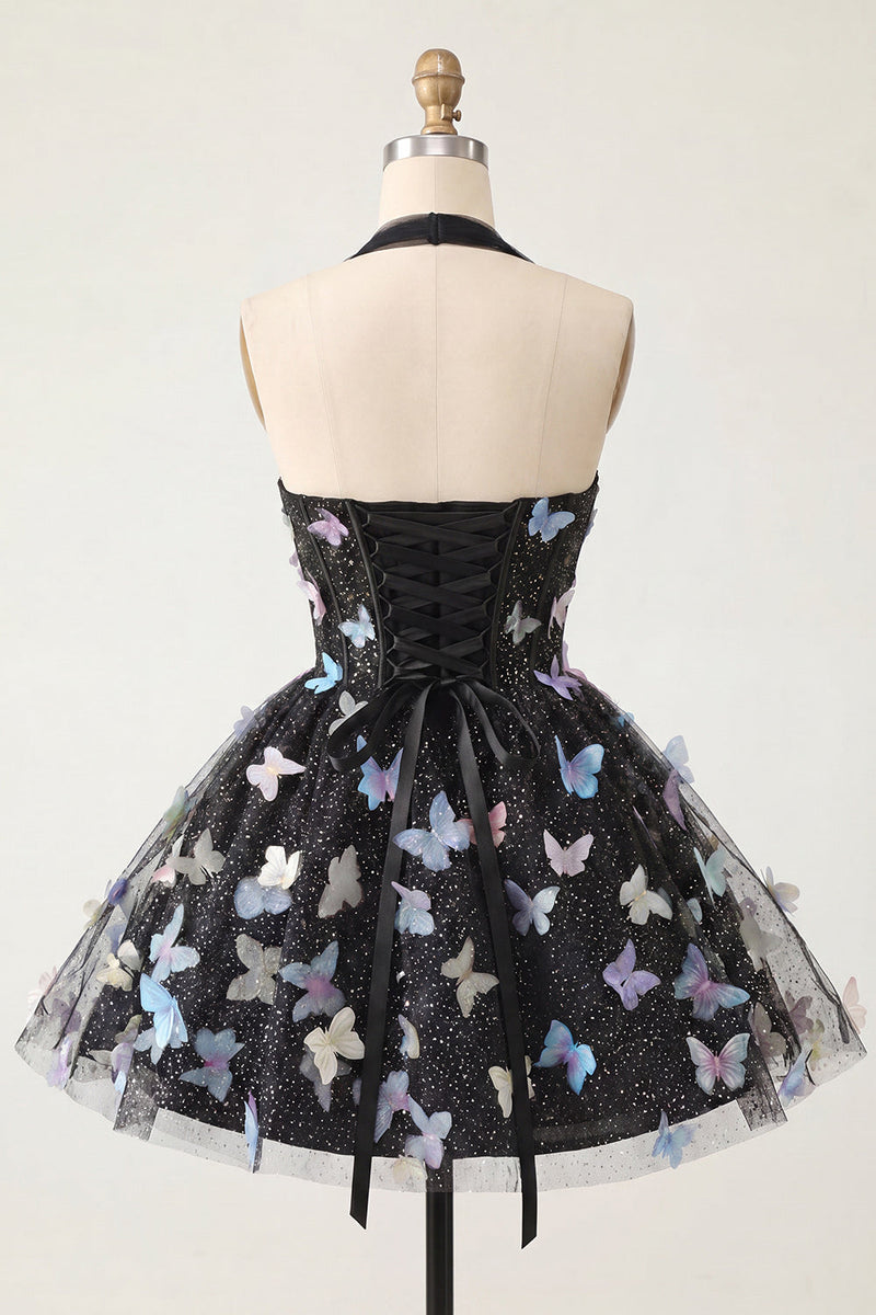 Laden Sie das Bild in den Galerie-Viewer, A-Linie schwarzes Neckholder-Korsett mit Spitze hinten kurzes Homecoming-Kleid mit Schmetterling