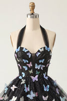Laden Sie das Bild in den Galerie-Viewer, A-Linie schwarzes Neckholder-Korsett mit Spitze hinten kurzes Homecoming-Kleid mit Schmetterling
