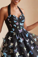 Laden Sie das Bild in den Galerie-Viewer, A-Linie schwarzes Neckholder-Korsett mit Spitze hinten kurzes Homecoming-Kleid mit Schmetterling