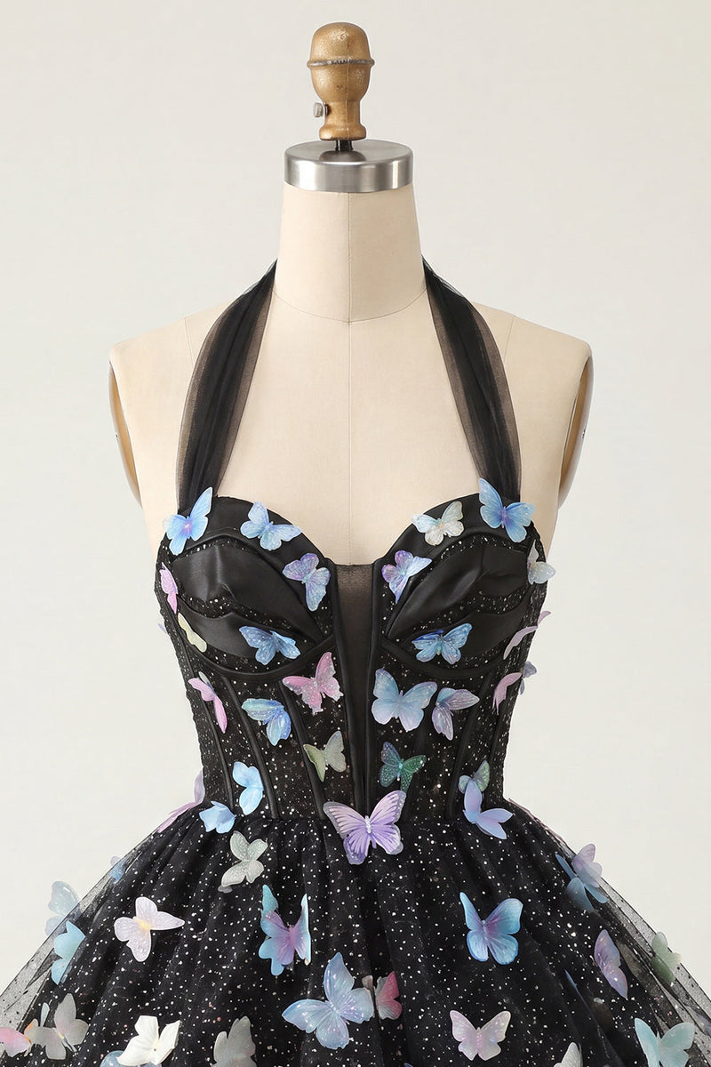 Laden Sie das Bild in den Galerie-Viewer, A-Linie schwarzes Neckholder-Korsett mit Spitze hinten kurzes Homecoming-Kleid mit Schmetterling