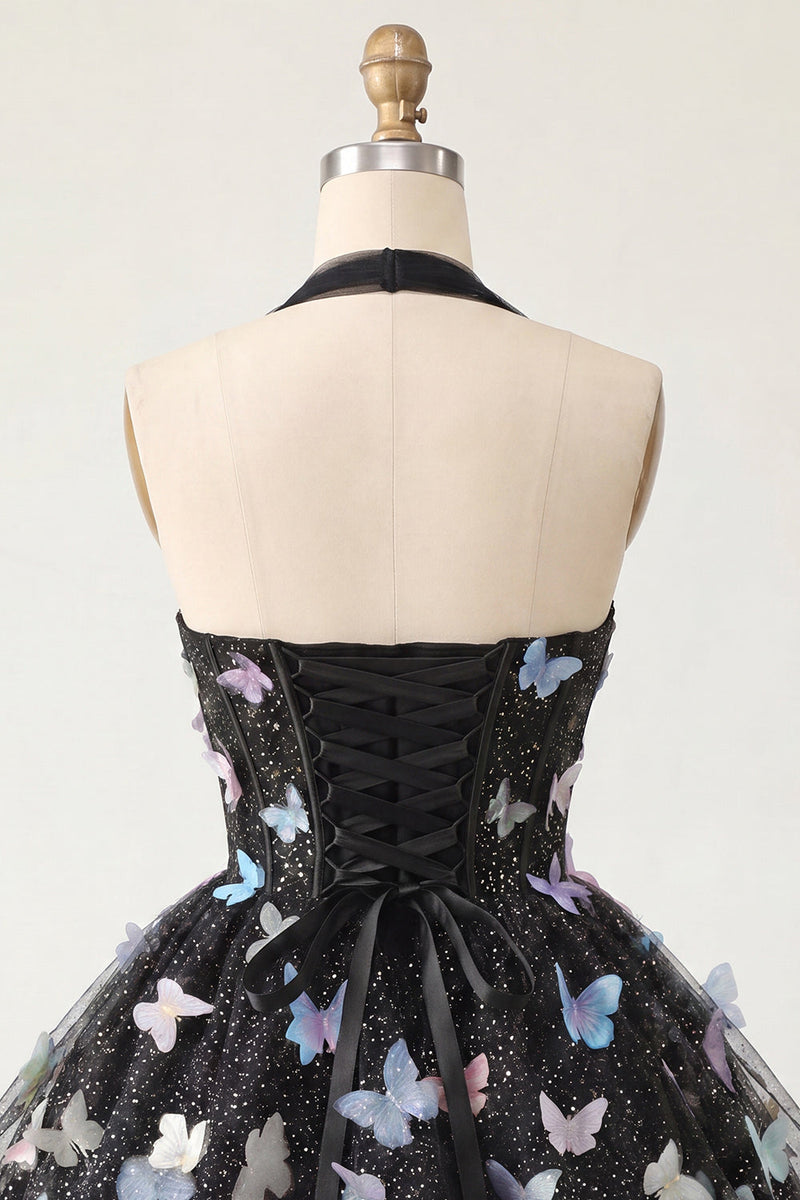 Laden Sie das Bild in den Galerie-Viewer, A-Linie schwarzes Neckholder-Korsett mit Spitze hinten kurzes Homecoming-Kleid mit Schmetterling