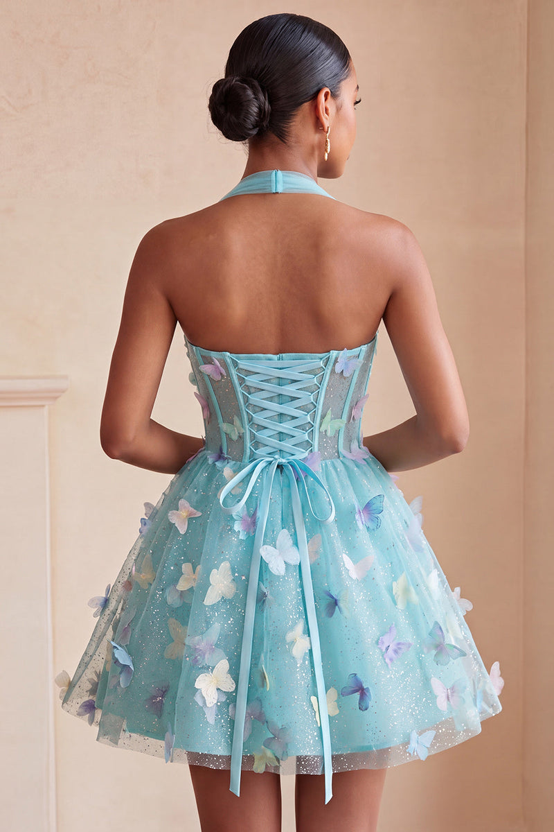 Laden Sie das Bild in den Galerie-Viewer, A-Linie schwarzes Neckholder-Korsett mit Spitze hinten kurzes Homecoming-Kleid mit Schmetterling