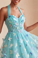 Laden Sie das Bild in den Galerie-Viewer, A-Linie schwarzes Neckholder-Korsett mit Spitze hinten kurzes Homecoming-Kleid mit Schmetterling