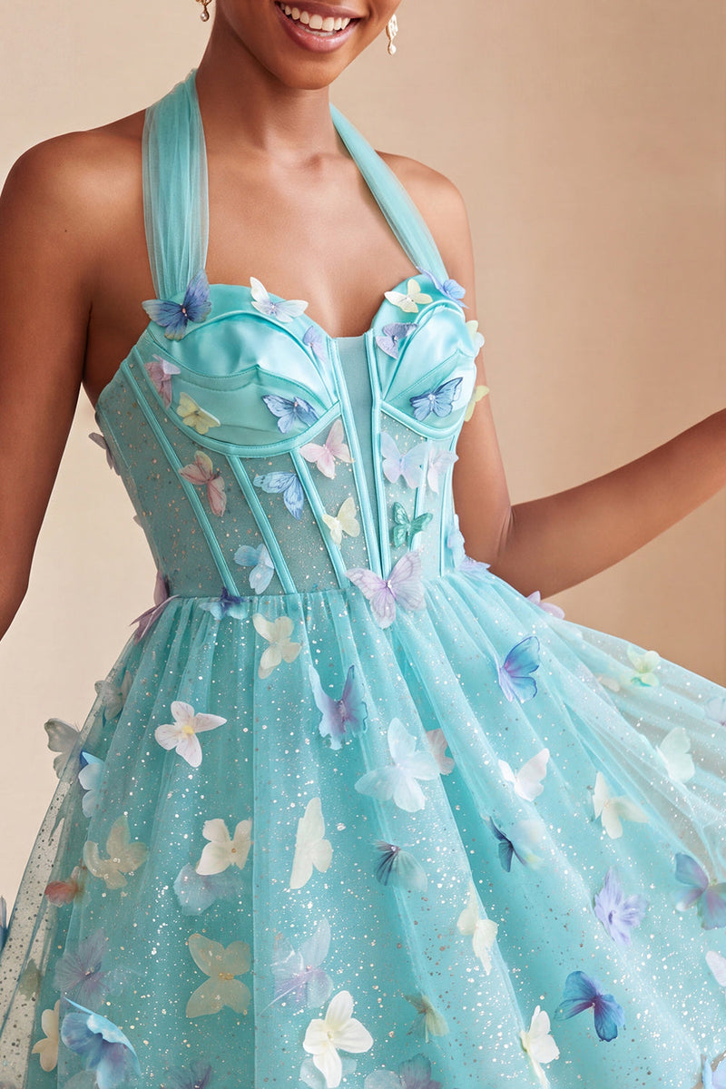 Laden Sie das Bild in den Galerie-Viewer, A-Linie schwarzes Neckholder-Korsett mit Spitze hinten kurzes Homecoming-Kleid mit Schmetterling