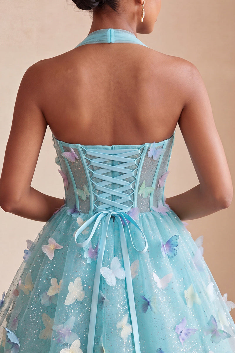 Laden Sie das Bild in den Galerie-Viewer, A-Linie schwarzes Neckholder-Korsett mit Spitze hinten kurzes Homecoming-Kleid mit Schmetterling