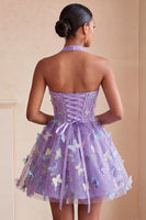 Laden Sie das Bild in den Galerie-Viewer, A-Linie schwarzes Neckholder-Korsett mit Spitze hinten kurzes Homecoming-Kleid mit Schmetterling
