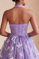 Laden Sie das Bild in den Galerie-Viewer, A-Linie schwarzes Neckholder-Korsett mit Spitze hinten kurzes Homecoming-Kleid mit Schmetterling