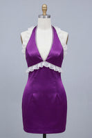 Laden Sie das Bild in den Galerie-Viewer, Satin Lila Bodycon Neckholder Kurzes Abendkleid mit Schnürung