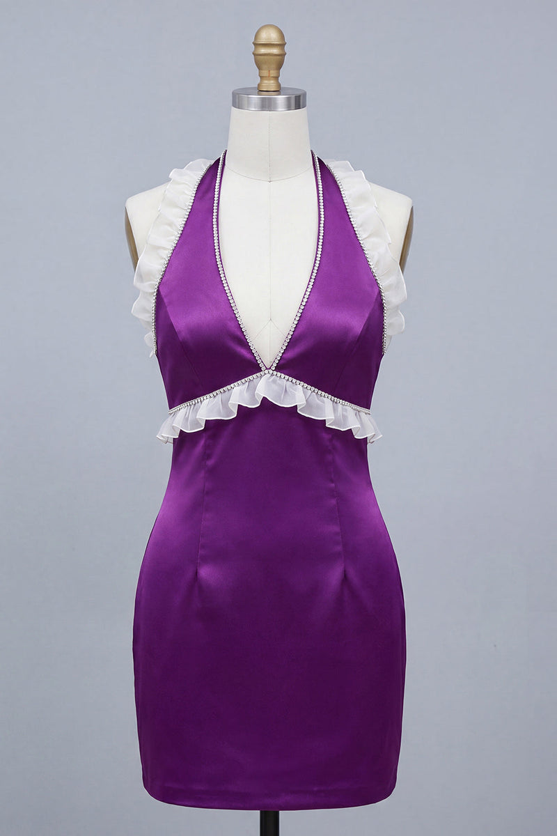 Laden Sie das Bild in den Galerie-Viewer, Satin Lila Bodycon Neckholder Kurzes Abendkleid mit Schnürung