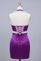 Laden Sie das Bild in den Galerie-Viewer, Satin Lila Bodycon Neckholder Kurzes Abendkleid mit Schnürung