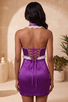 Laden Sie das Bild in den Galerie-Viewer, Satin Lila Bodycon Neckholder Kurzes Abendkleid mit Schnürung