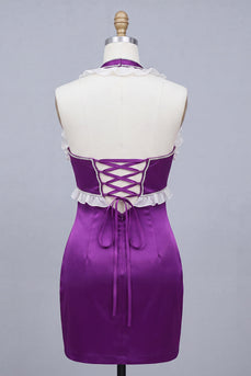 Satin Lila Bodycon Neckholder Kurzes Abendkleid mit Schnürung
