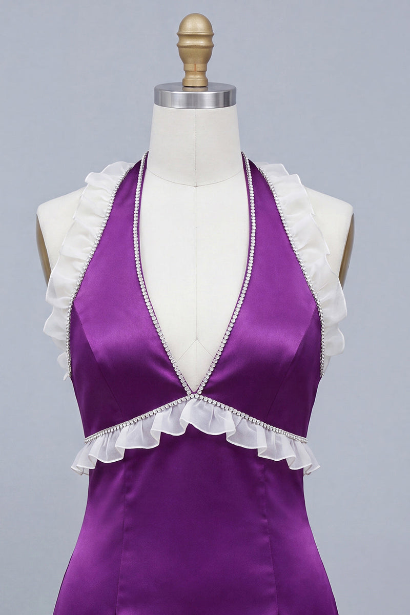 Laden Sie das Bild in den Galerie-Viewer, Satin Lila Bodycon Neckholder Kurzes Abendkleid mit Schnürung