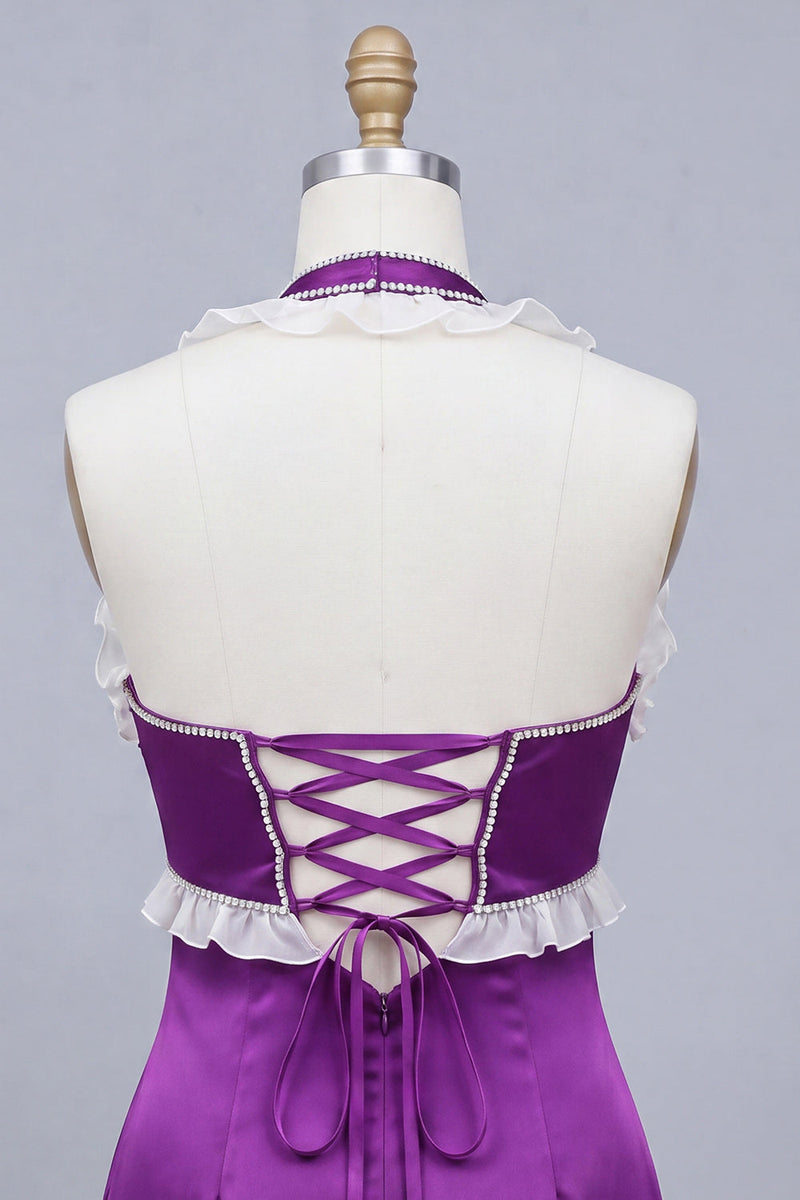 Laden Sie das Bild in den Galerie-Viewer, Satin Lila Bodycon Neckholder Kurzes Abendkleid mit Schnürung