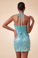 Laden Sie das Bild in den Galerie-Viewer, Lila Halterhals Bodycon Pailletten Kurzes Homecoming-Kleid mit Schnürung hinten