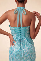 Laden Sie das Bild in den Galerie-Viewer, Lila Halterhals Bodycon Pailletten Kurzes Homecoming-Kleid mit Schnürung hinten