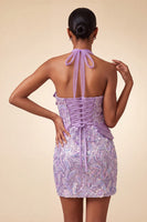 Laden Sie das Bild in den Galerie-Viewer, Lila Halterhals Bodycon Pailletten Kurzes Homecoming-Kleid mit Schnürung hinten