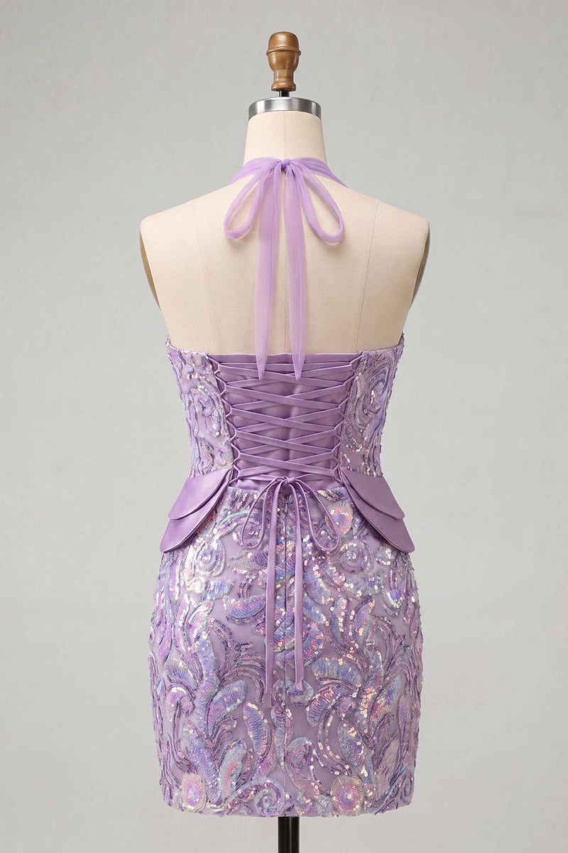 Laden Sie das Bild in den Galerie-Viewer, Lila Halterhals Bodycon Pailletten Kurzes Homecoming-Kleid mit Schnürung hinten