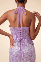 Laden Sie das Bild in den Galerie-Viewer, Lila Halterhals Bodycon Pailletten Kurzes Homecoming-Kleid mit Schnürung hinten