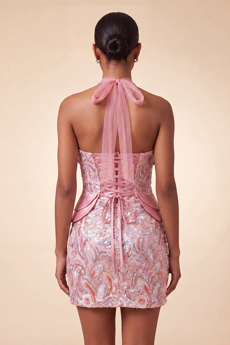 Laden Sie das Bild in den Galerie-Viewer, Lila Halterhals Bodycon Pailletten Kurzes Homecoming-Kleid mit Schnürung hinten