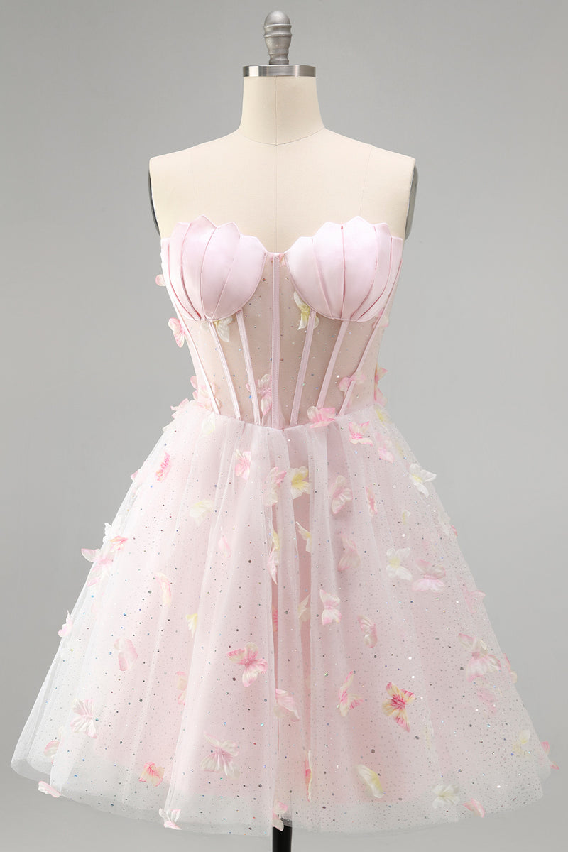 Laden Sie das Bild in den Galerie-Viewer, Blush Sweetheart A-Linie Transparentes Korsett Schmetterlings Kurzes Abendkleid mit Schnürung