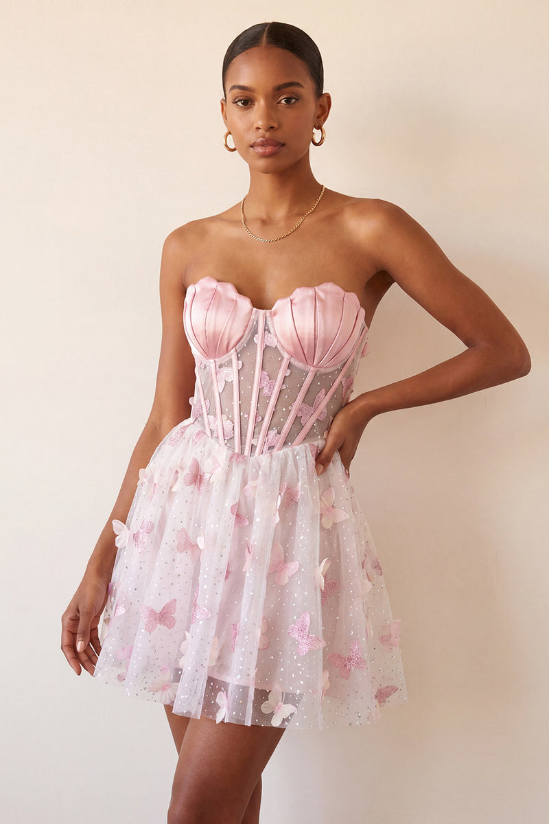 Laden Sie das Bild in den Galerie-Viewer, Blush Sweetheart A-Line transparentes Korsett-Schmetterlings-Homecoming-Kleid mit Spitze hinten
