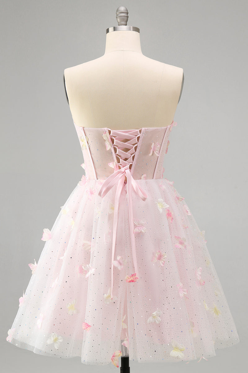 Laden Sie das Bild in den Galerie-Viewer, Blush Sweetheart A-Linie Transparentes Korsett Schmetterlings Kurzes Abendkleid mit Schnürung