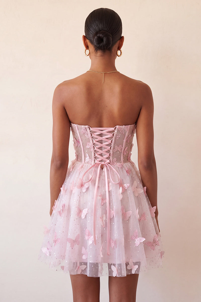 Laden Sie das Bild in den Galerie-Viewer, Blush Sweetheart A-Line transparentes Korsett-Schmetterlings-Homecoming-Kleid mit Spitze hinten