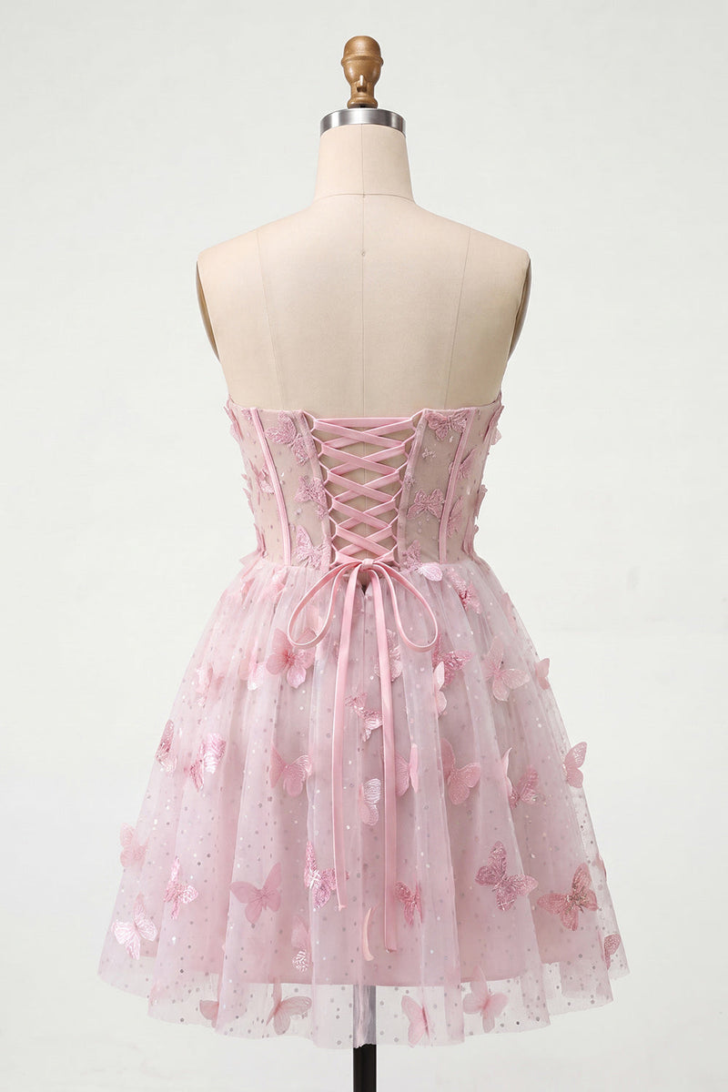 Laden Sie das Bild in den Galerie-Viewer, Blush Sweetheart A-Line transparentes Korsett-Schmetterlings-Homecoming-Kleid mit Spitze hinten