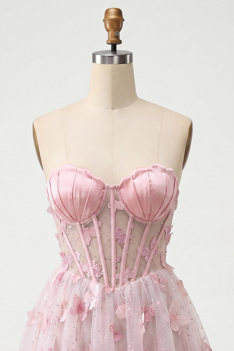 Laden Sie das Bild in den Galerie-Viewer, Blush Sweetheart A-Line transparentes Korsett-Schmetterlings-Homecoming-Kleid mit Spitze hinten