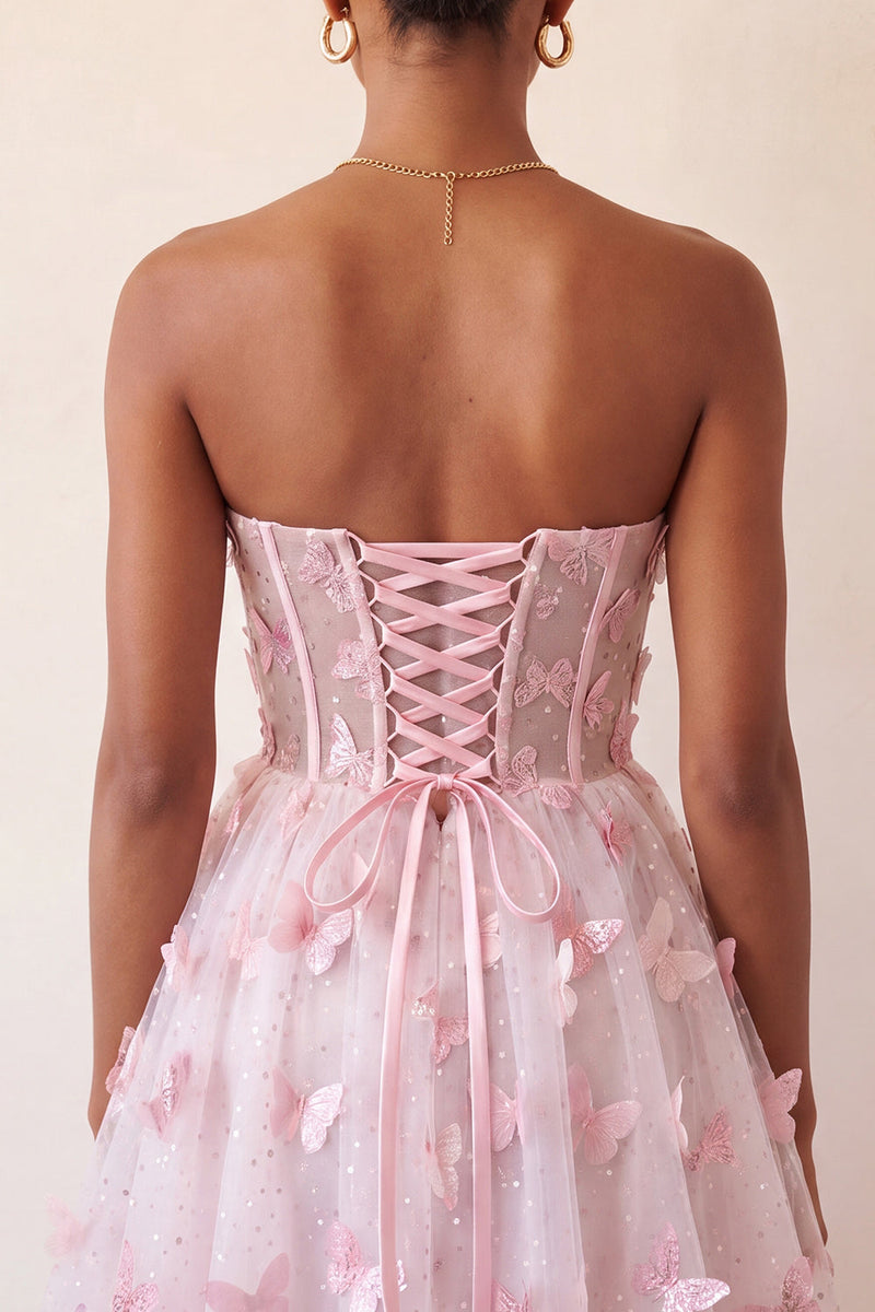 Laden Sie das Bild in den Galerie-Viewer, Blush Sweetheart A-Line transparentes Korsett-Schmetterlings-Homecoming-Kleid mit Spitze hinten