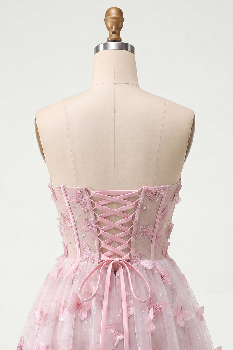 Laden Sie das Bild in den Galerie-Viewer, Blush Sweetheart A-Line transparentes Korsett-Schmetterlings-Homecoming-Kleid mit Spitze hinten