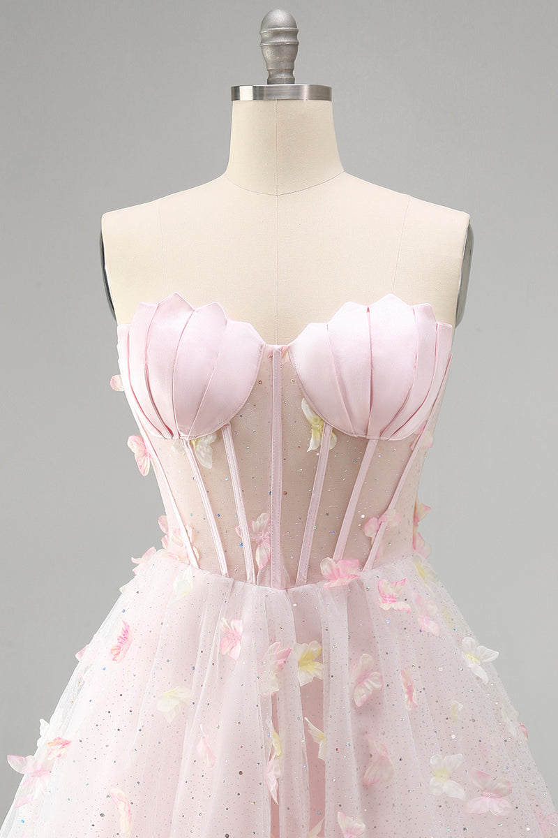 Laden Sie das Bild in den Galerie-Viewer, Blush Sweetheart A-Linie Transparentes Korsett Schmetterlings Kurzes Abendkleid mit Schnürung