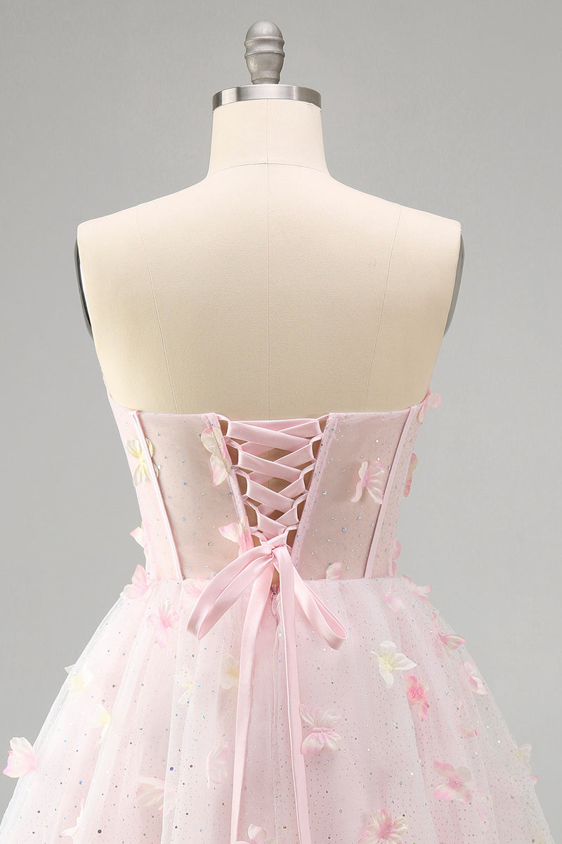 Laden Sie das Bild in den Galerie-Viewer, Blush Sweetheart A-Linie Transparentes Korsett Schmetterlings Kurzes Abendkleid mit Schnürung