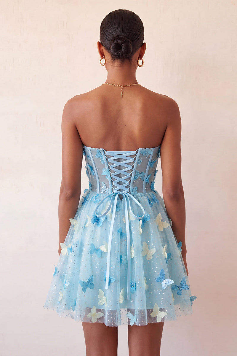 Laden Sie das Bild in den Galerie-Viewer, Blush Sweetheart A-Line transparentes Korsett-Schmetterlings-Homecoming-Kleid mit Spitze hinten