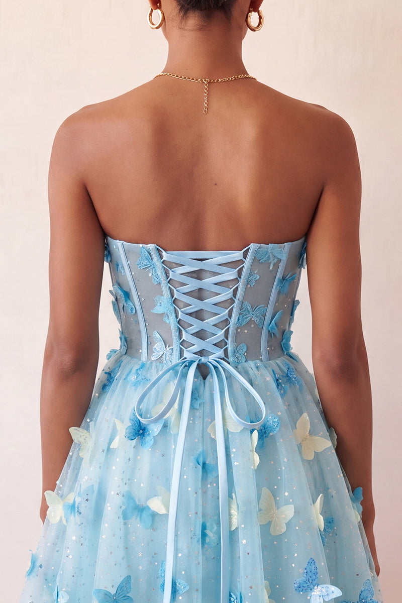 Laden Sie das Bild in den Galerie-Viewer, Blush Sweetheart A-Line transparentes Korsett-Schmetterlings-Homecoming-Kleid mit Spitze hinten