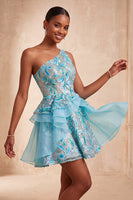 Laden Sie das Bild in den Galerie-Viewer, Hellblaues A-Linien-Pailletten-Dressing mit Rüschen Homecoming-Kleid und Schnürung hinten