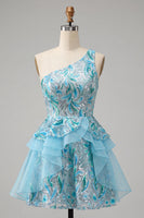 Laden Sie das Bild in den Galerie-Viewer, Hellblaues A-Linien-Pailletten-Dressing mit Rüschen Homecoming-Kleid und Schnürung hinten