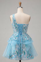 Laden Sie das Bild in den Galerie-Viewer, Hellblaues A-Linien-Pailletten-Dressing mit Rüschen Homecoming-Kleid und Schnürung hinten